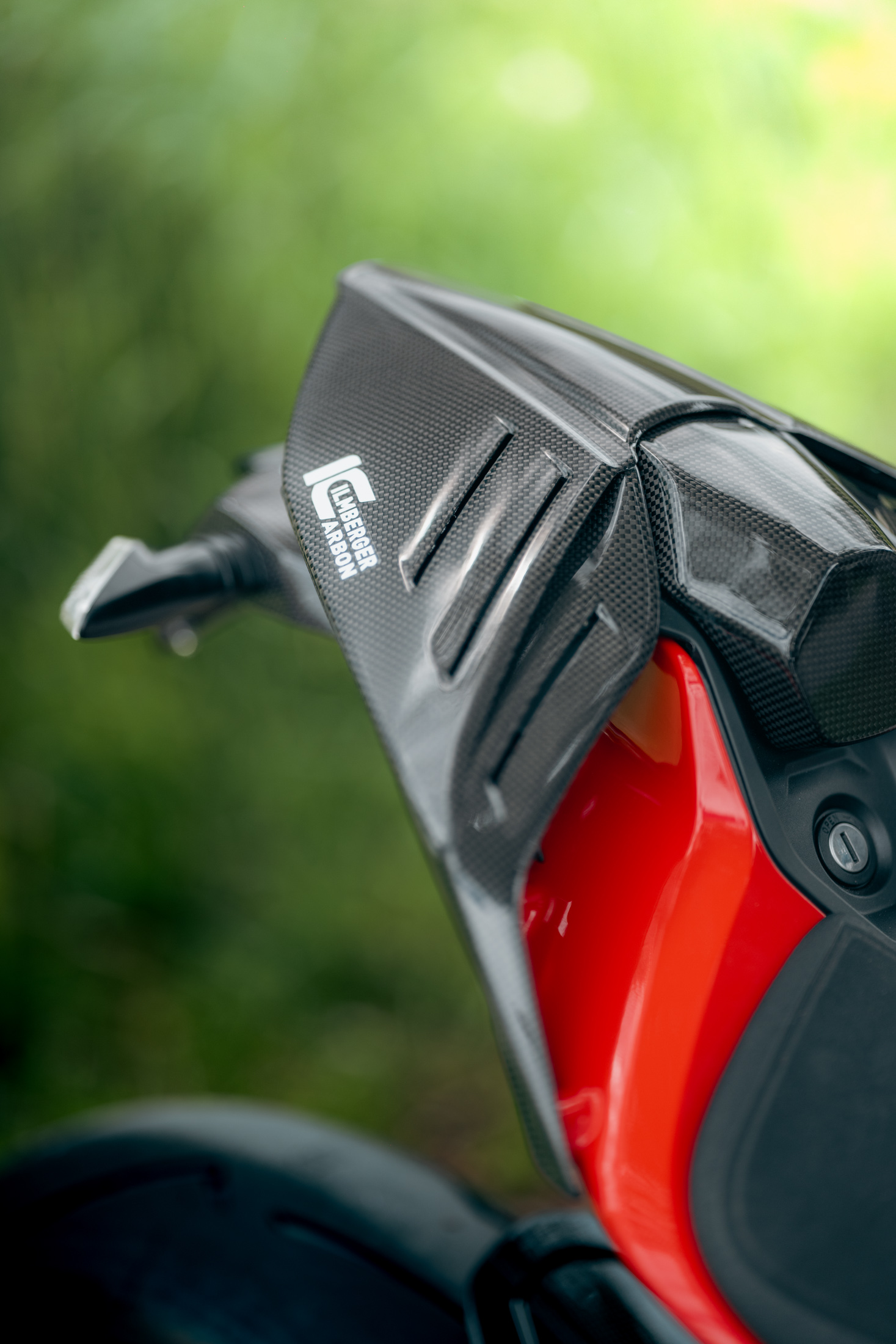 Heckansicht der Panigale V4 R mit Carbon Hinterradabdeckung in der Natur Panigale V4 R Heckansicht Carbon_Panigale_Natur_4.jpg